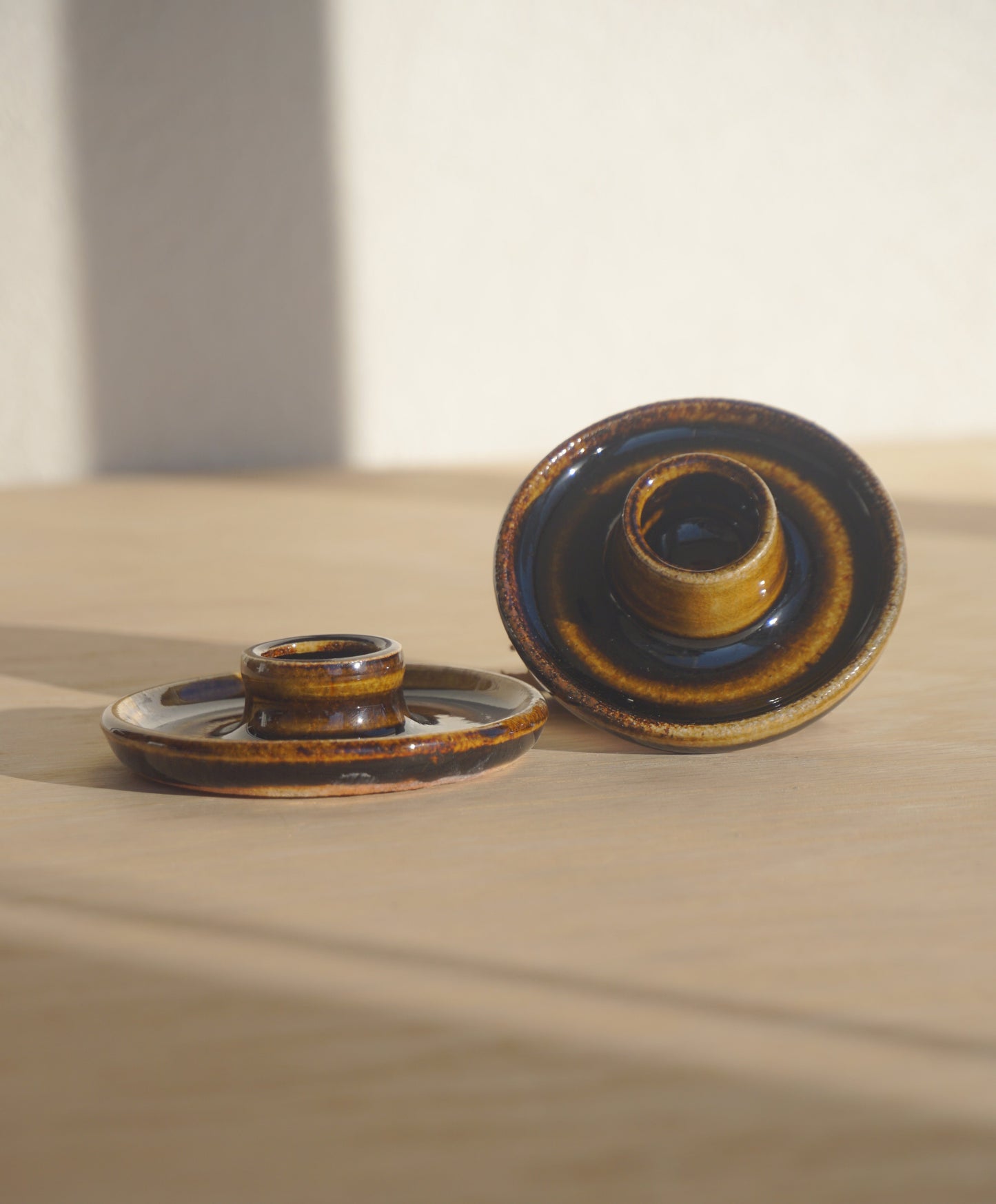 Candlestick set with match holder in dark brown