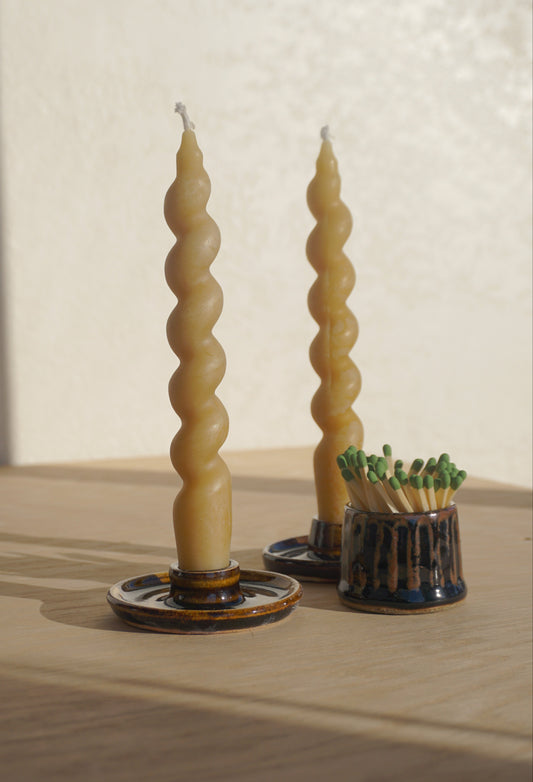 Candlestick set with match holder in dark brown